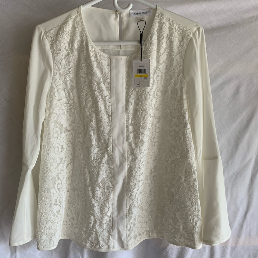 Calvin Klein lace detail bell sleeve blouse sz M